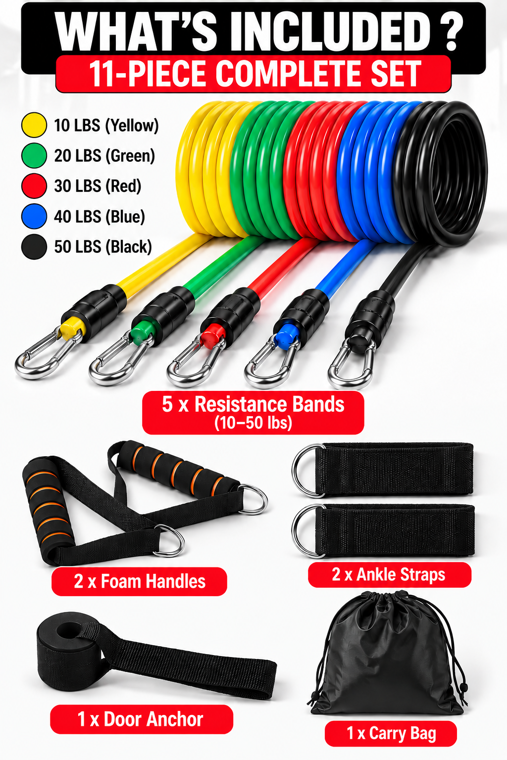 11-Piece Resistance Band Set with Handles & Ankle Straps – Home Workout Kit