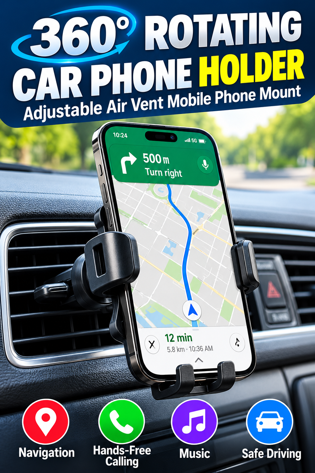 360° Rotating Car Phone Holder – Adjustable Air Vent Mobile Phone Mount