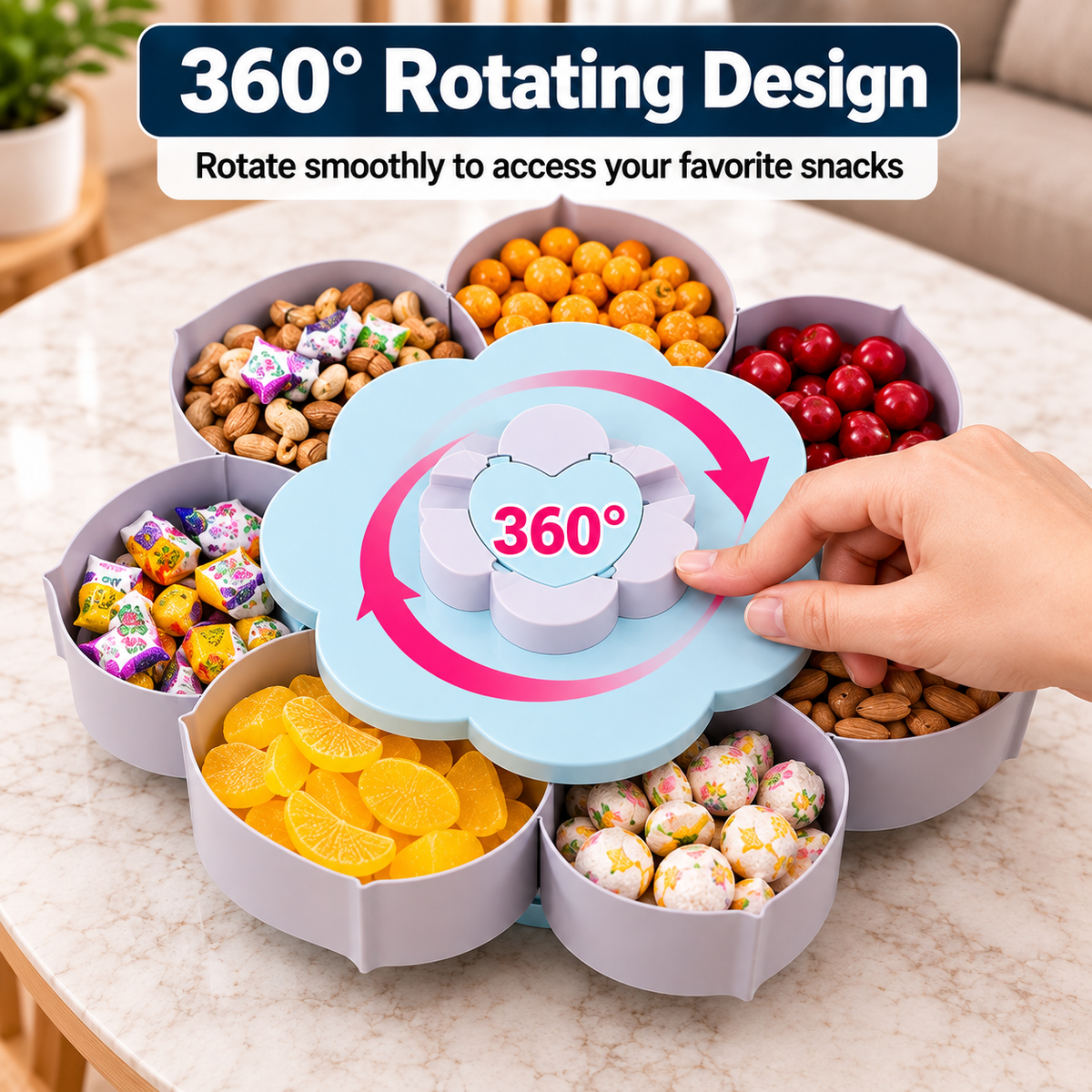 Rotating Flower Snack Serving Tray with Phone Holder – Multi-Section Candy & Dry Fruit Dish