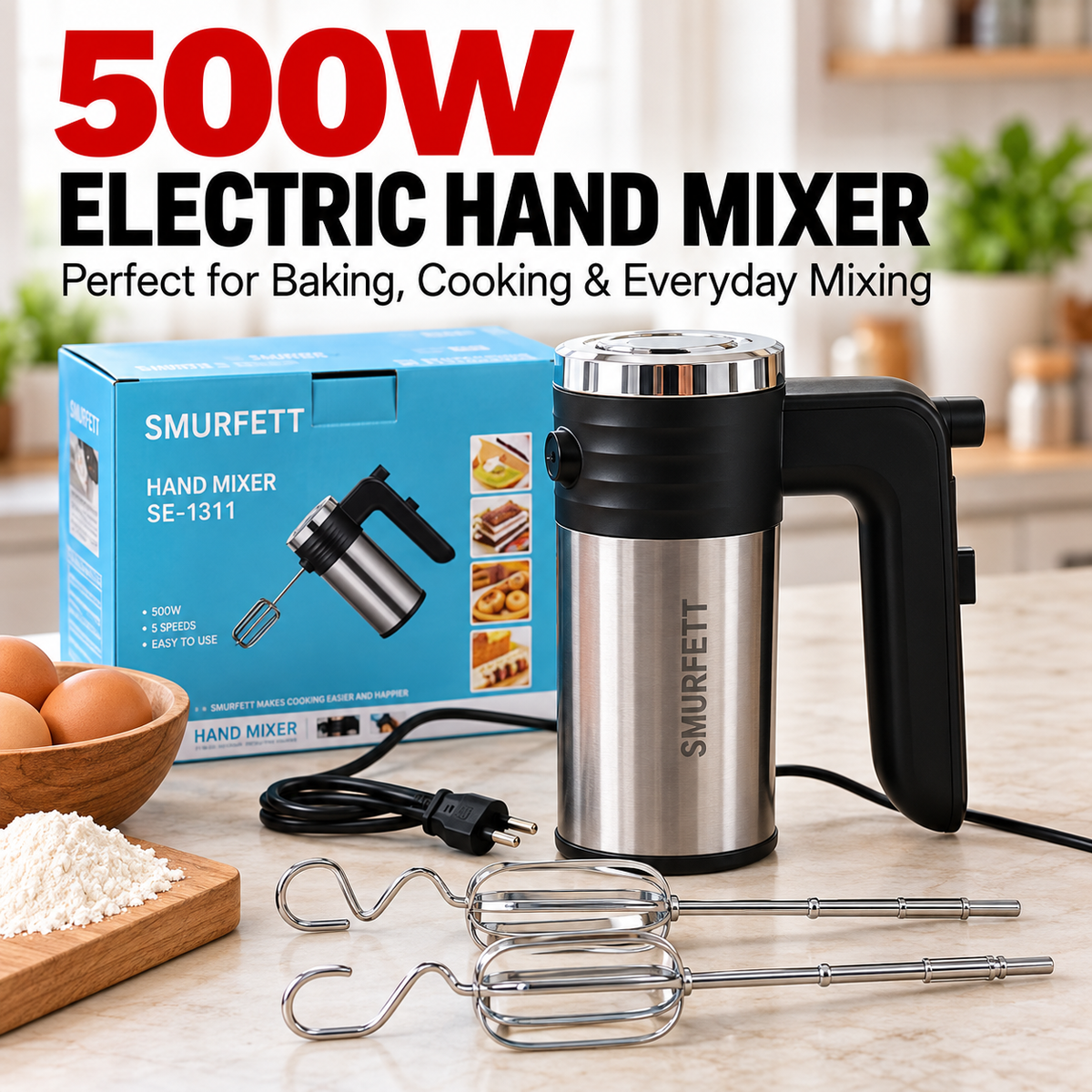 500W Electric Hand Mixer with Beaters & Dough Hooks – Cake & Baking Mixer