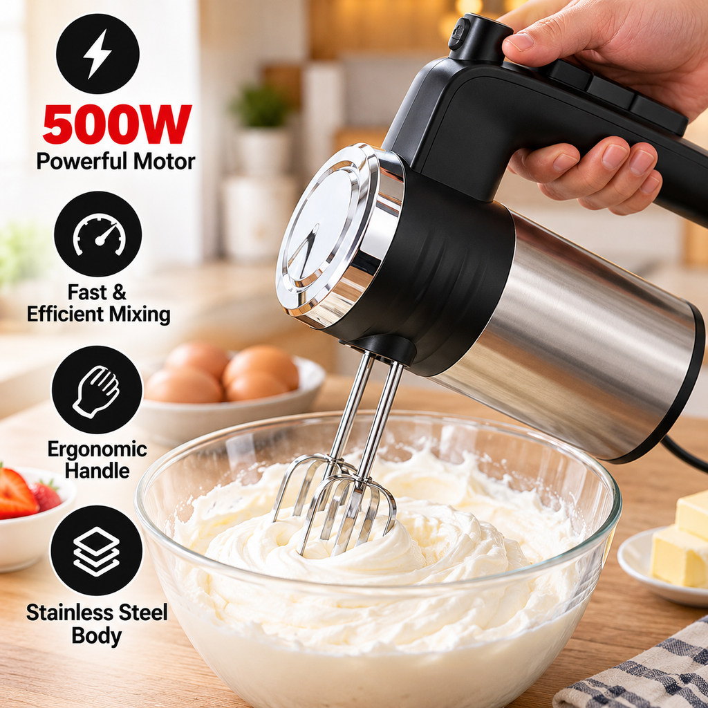 500W Electric Hand Mixer with Beaters & Dough Hooks – Cake & Baking Mixer