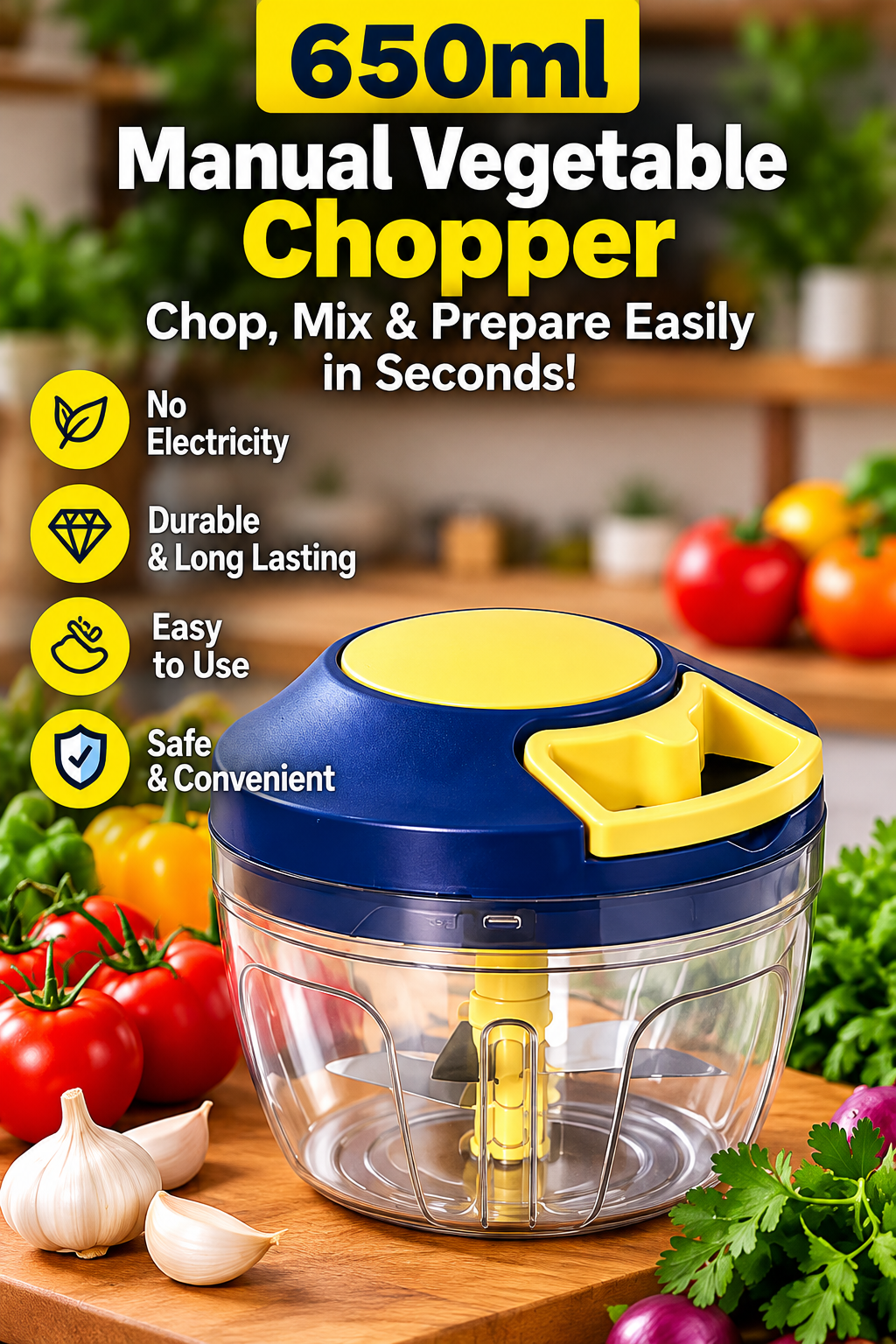 650ml Manual Vegetable Chopper with 4 Blades – Pull String Food Chopper