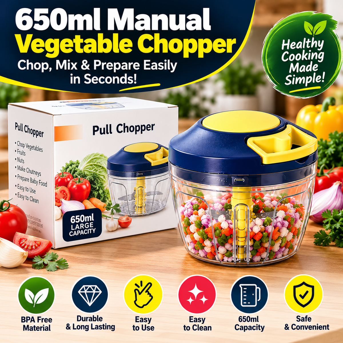 650ml Manual Vegetable Chopper with 4 Blades – Pull String Food Chopper