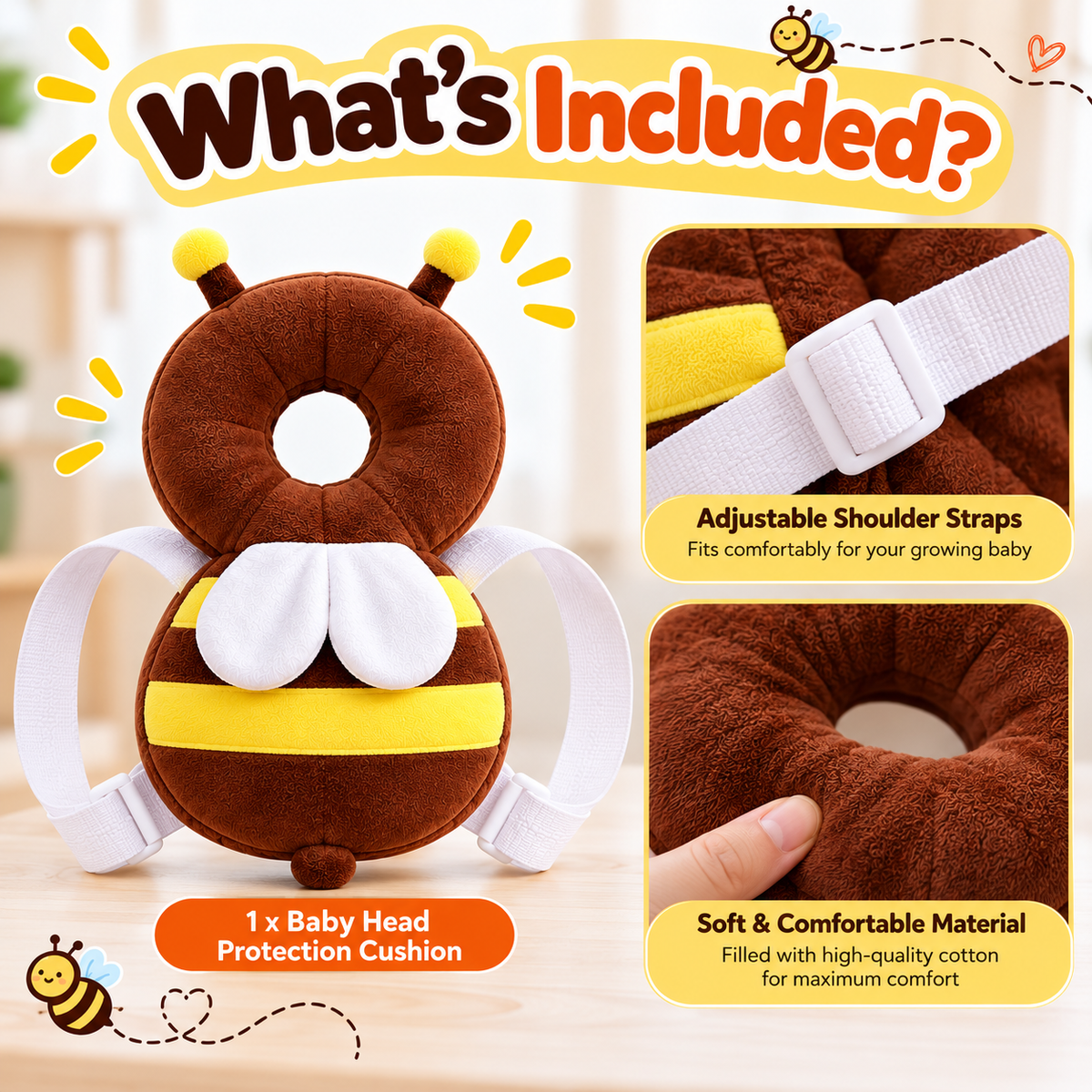 Baby Head Protection Cushion – Cute Bee Safety Backpack for Toddlers