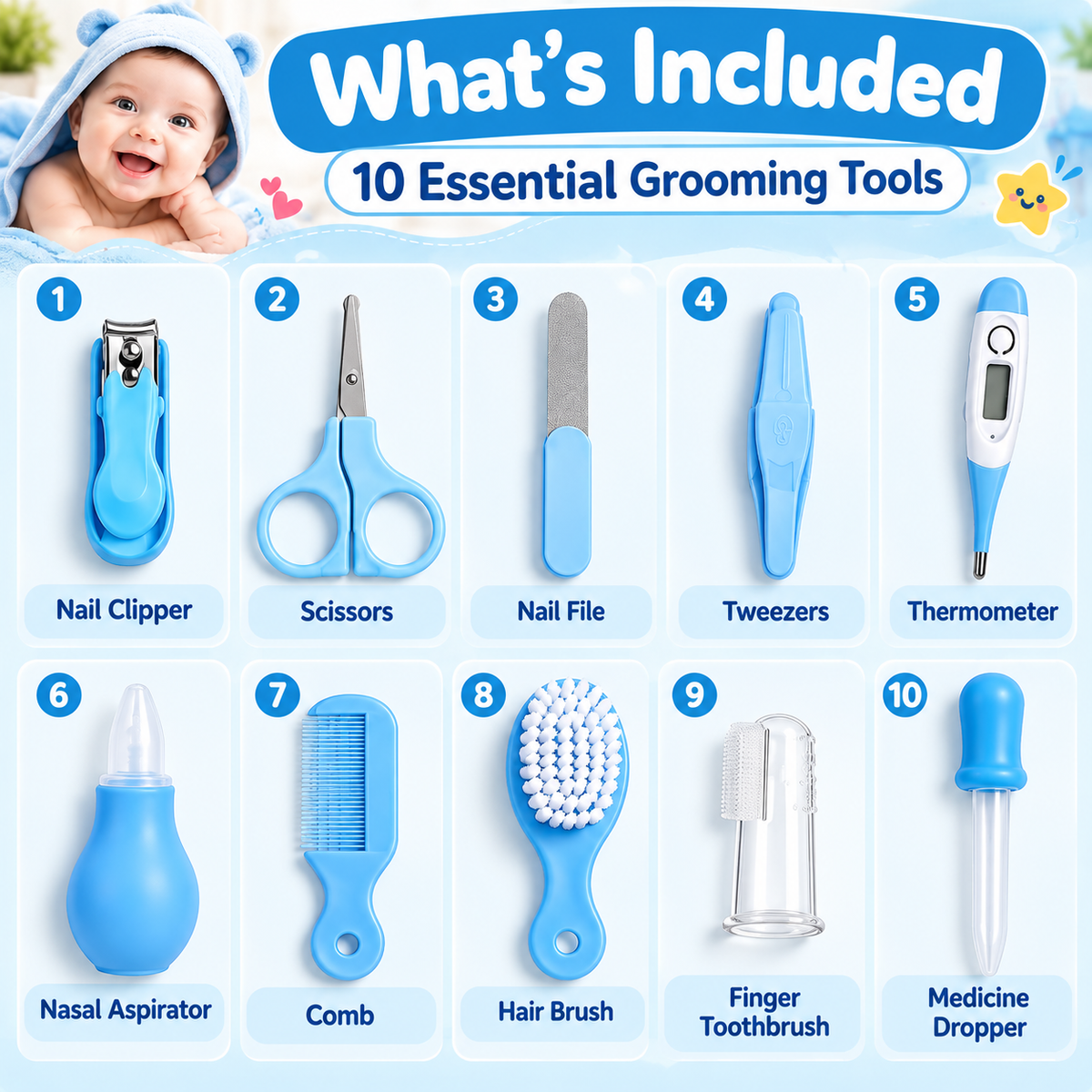 10-Piece Baby Care Grooming Kit – Nail Clipper, Scissors, Comb & Brush Set