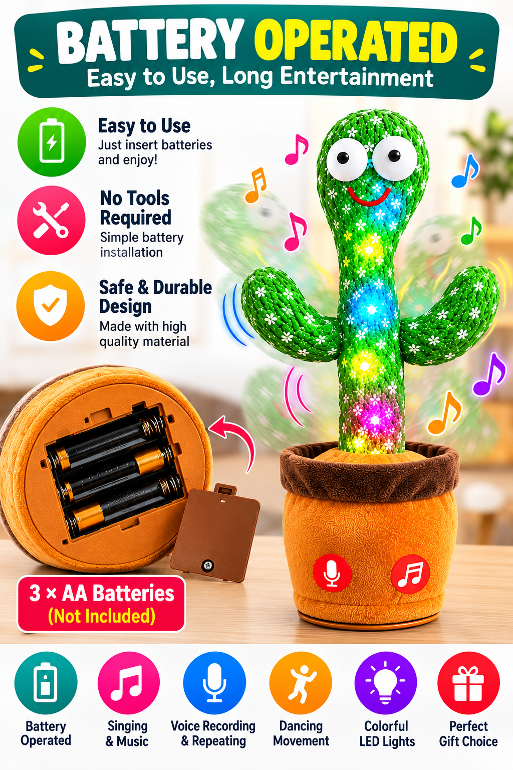 Dancing Cactus Toy with LED Lights – Talking & Mimicry Musical Toy