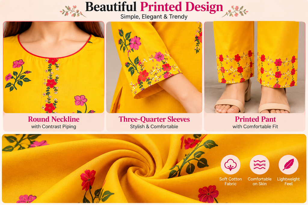 Women's Yellow Printed Cotton Kurta Pant Set | XS–5XL