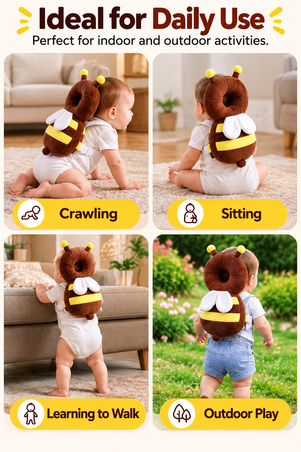 Baby Head Protection Cushion – Cute Bee Safety Backpack for Toddlers