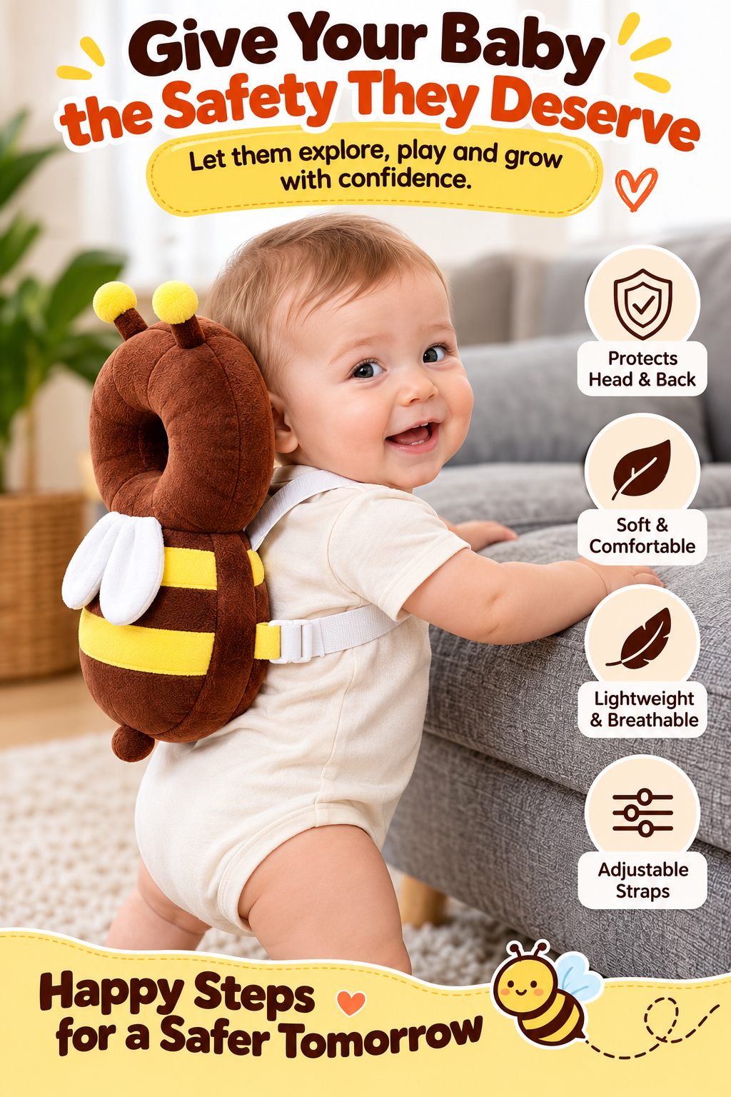 Baby Head Protection Cushion – Cute Bee Safety Backpack for Toddlers