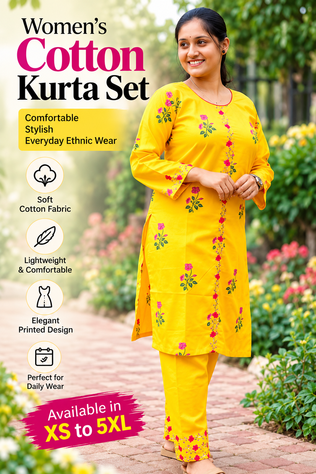 Women's Yellow Printed Cotton Kurta Pant Set | XS–5XL