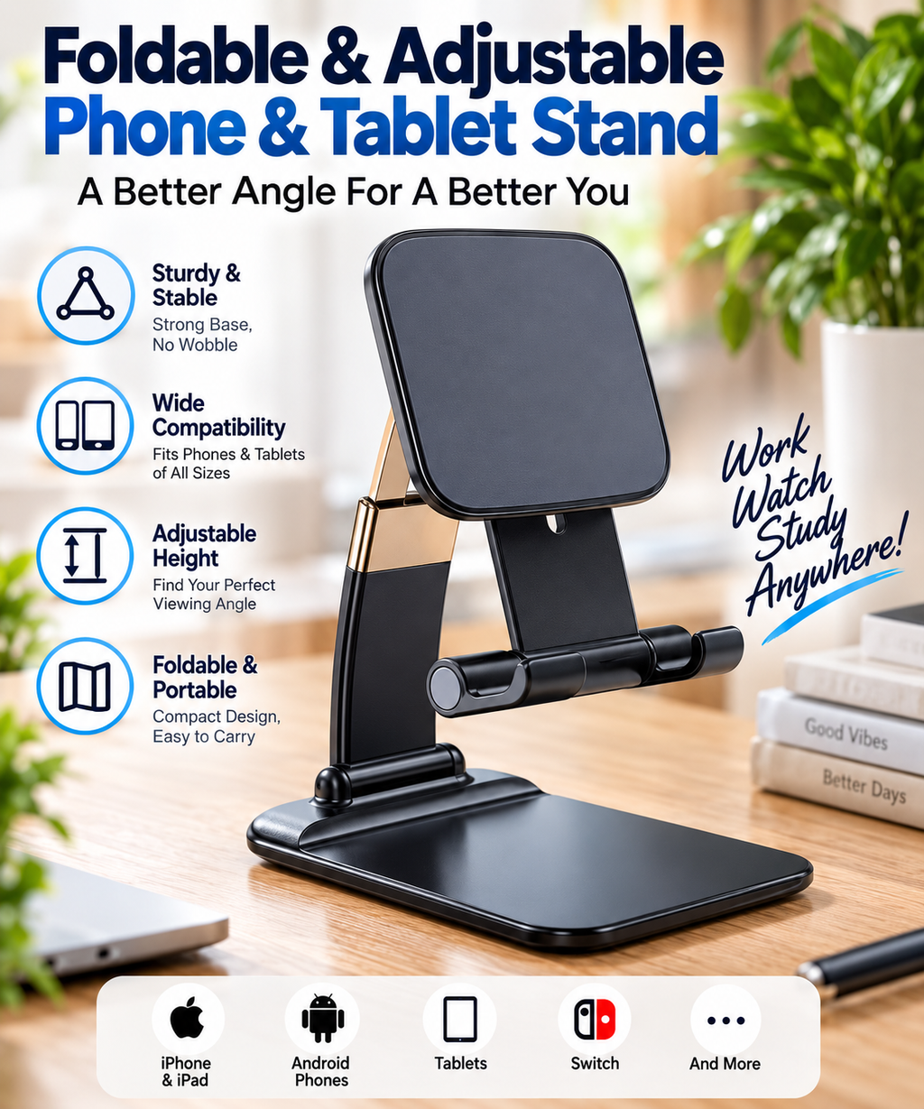 Foldable Adjustable Phone & Tablet Stand for Desk – Universal Mobile Holder