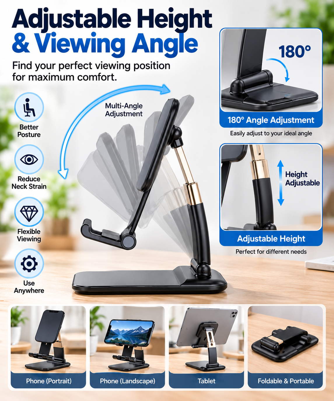 Foldable Adjustable Phone & Tablet Stand for Desk – Universal Mobile Holder