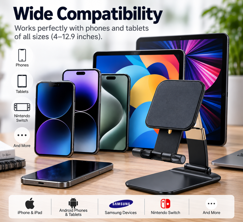Foldable Adjustable Phone & Tablet Stand for Desk – Universal Mobile Holder