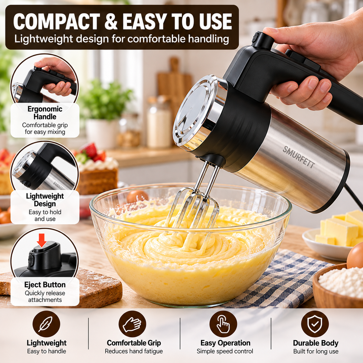 500W Electric Hand Mixer with Beaters & Dough Hooks – Cake & Baking Mixer