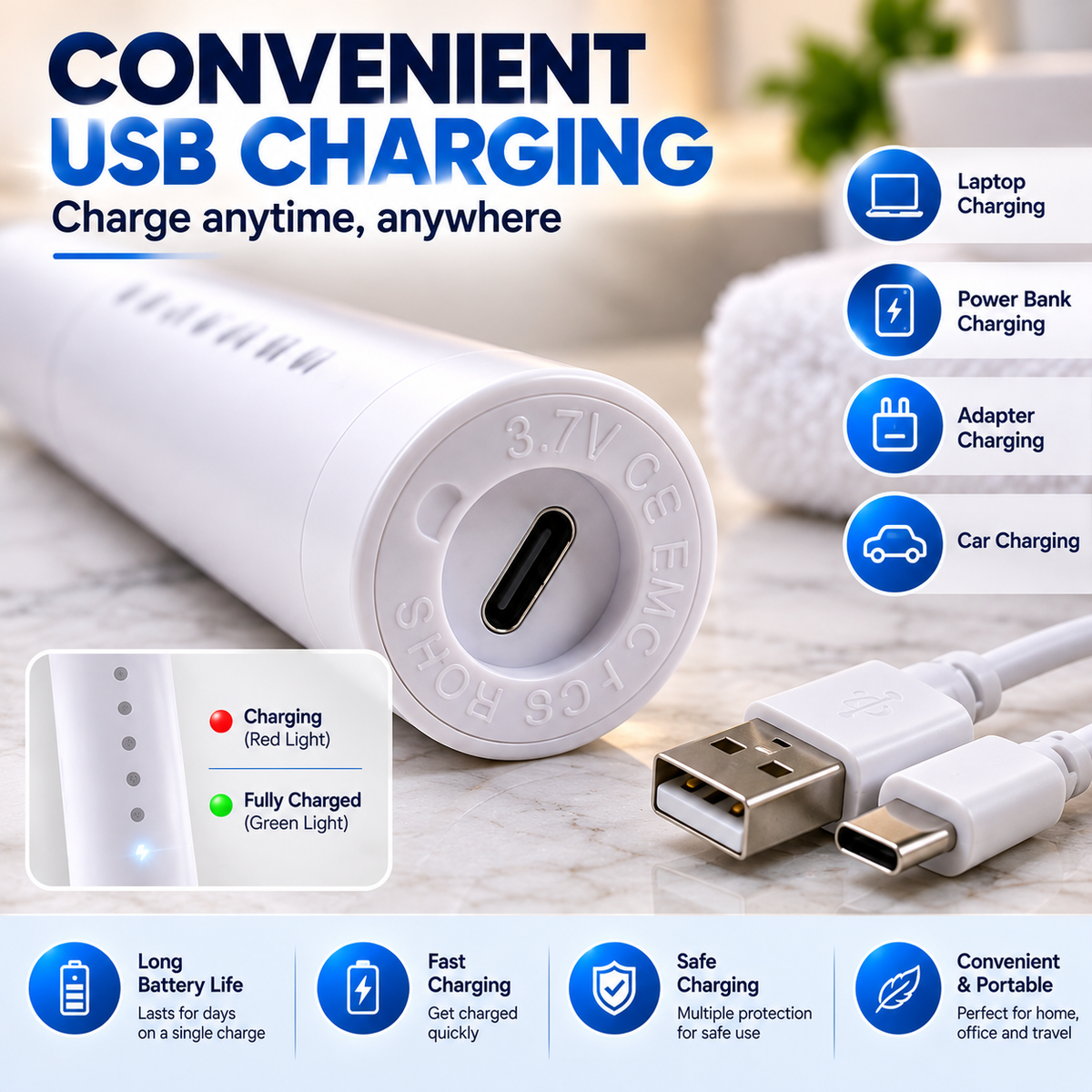 Rechargeable Electric Toothbrush with 3 Extra Brush Heads – USB Charging