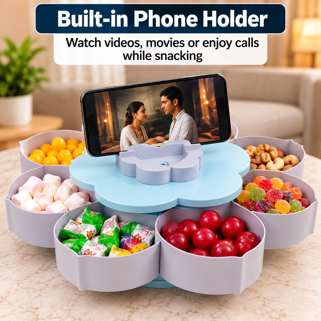 Rotating Flower Snack Serving Tray with Phone Holder – Multi-Section Candy & Dry Fruit Dish
