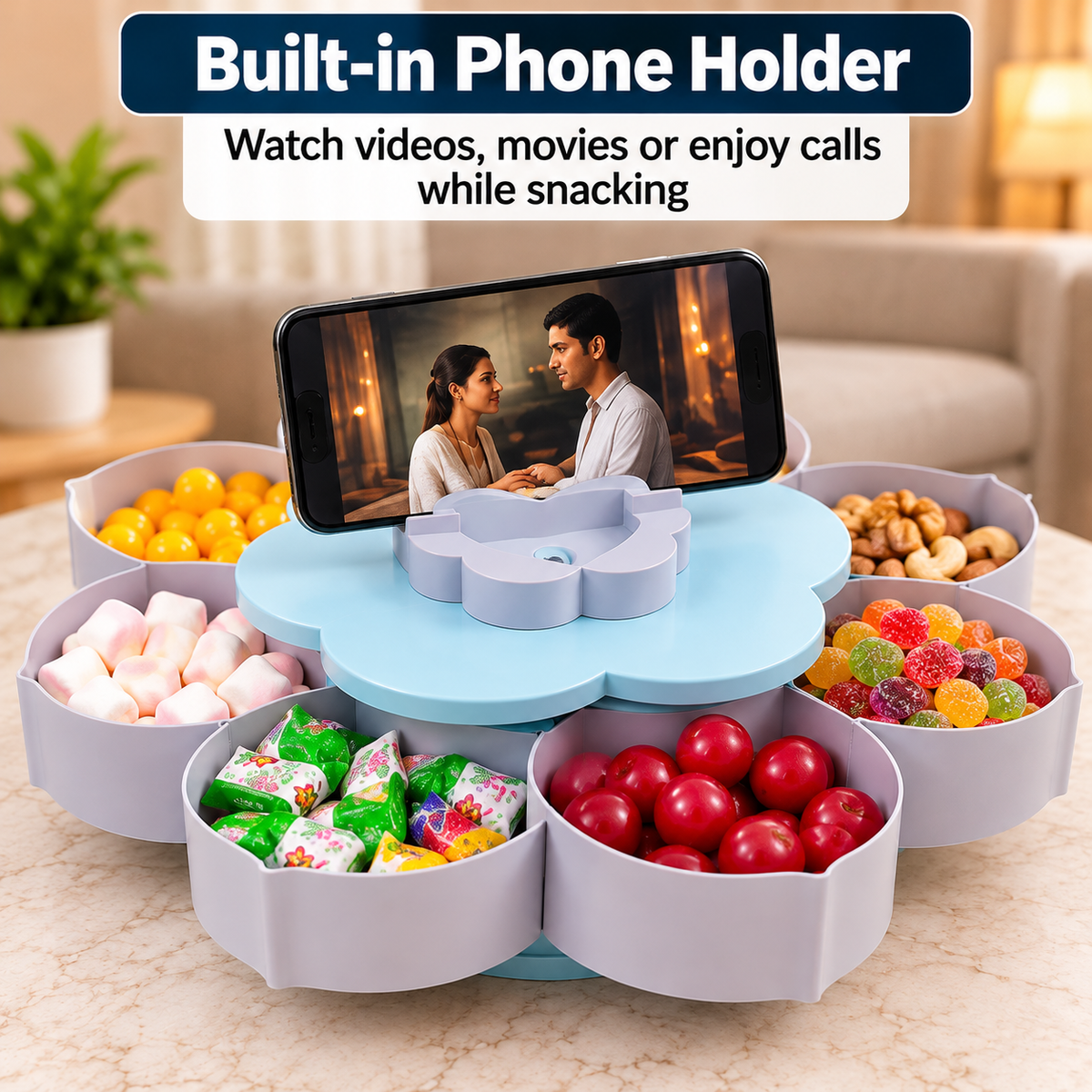 Rotating Flower Snack Serving Tray with Phone Holder – Multi-Section Candy & Dry Fruit Dish