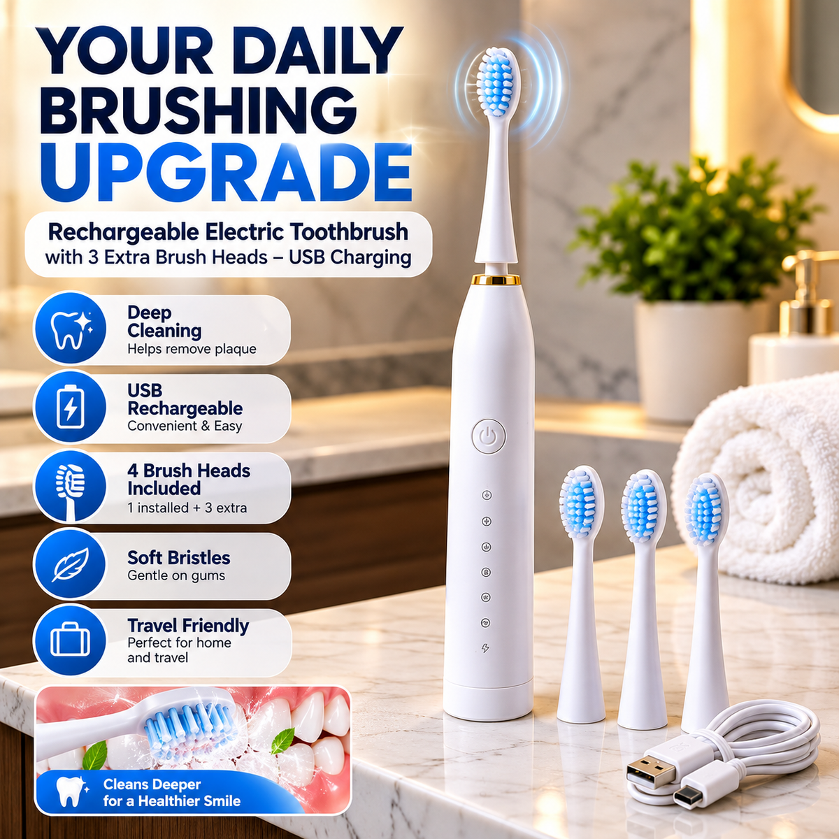 Rechargeable Electric Toothbrush with 3 Extra Brush Heads – USB Charging