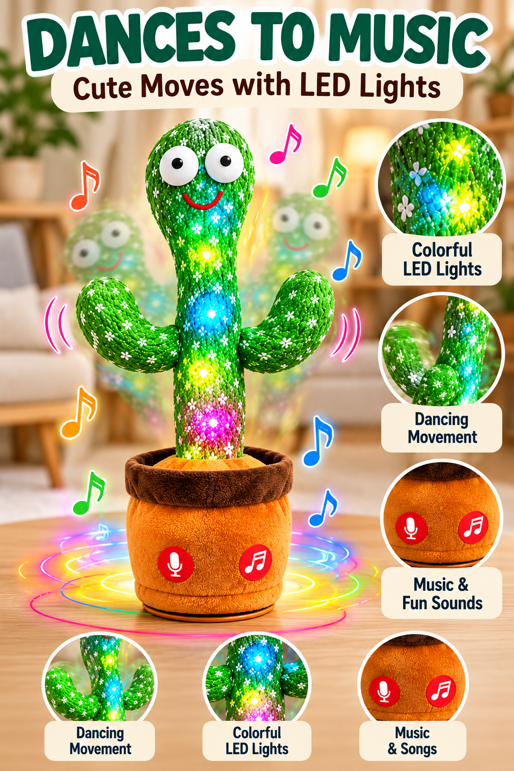 Dancing Cactus Toy with LED Lights – Talking & Mimicry Musical Toy