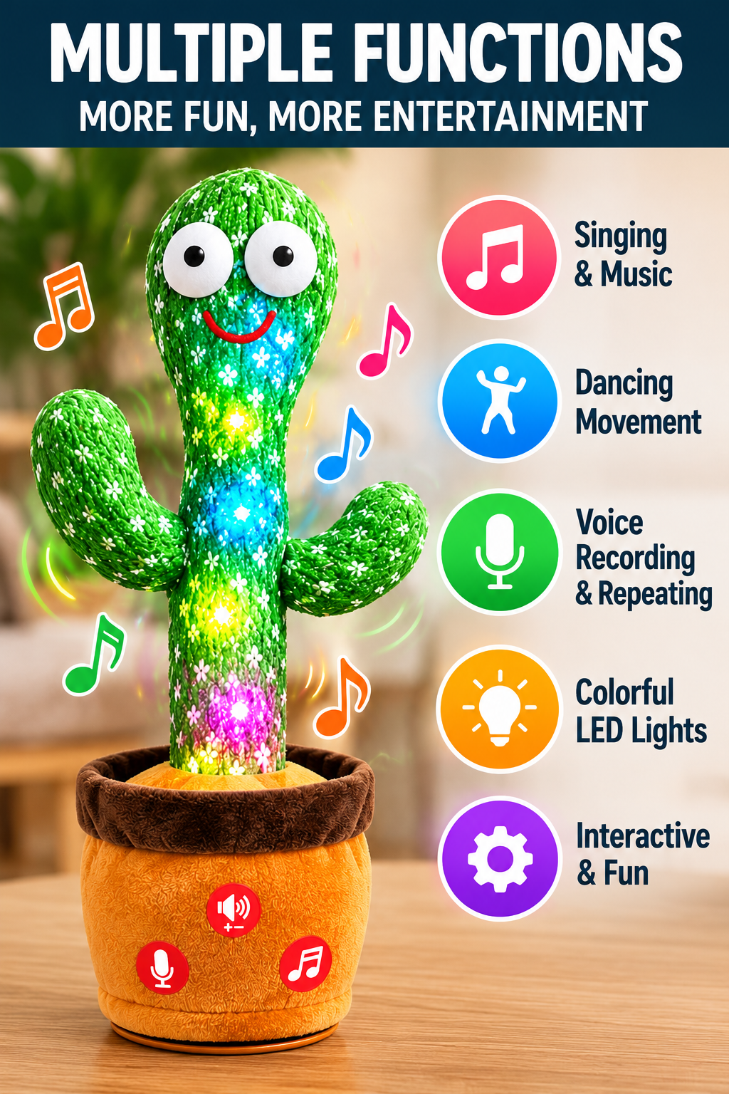 Dancing Cactus Toy with LED Lights – Talking & Mimicry Musical Toy