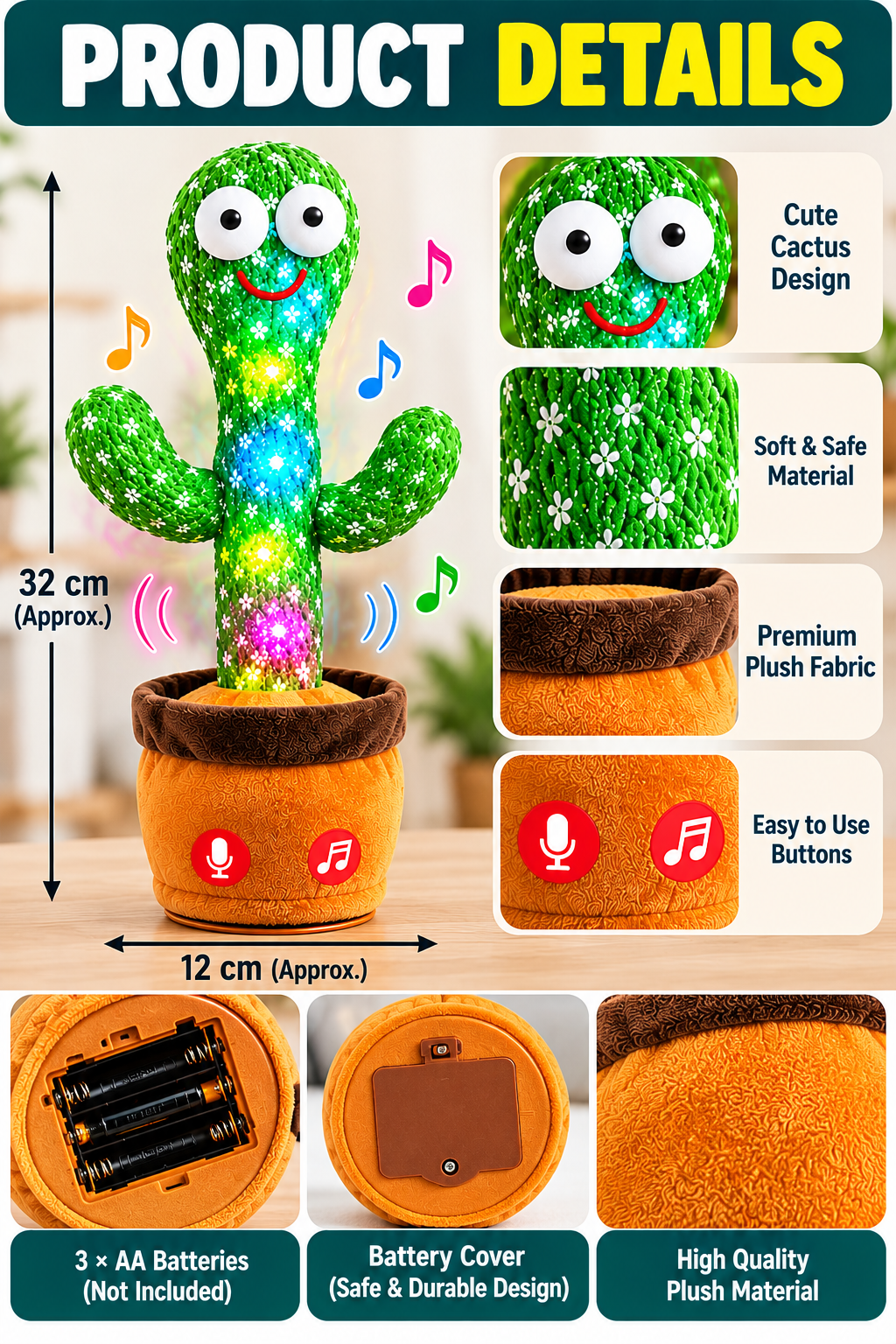 Dancing Cactus Toy with LED Lights – Talking & Mimicry Musical Toy