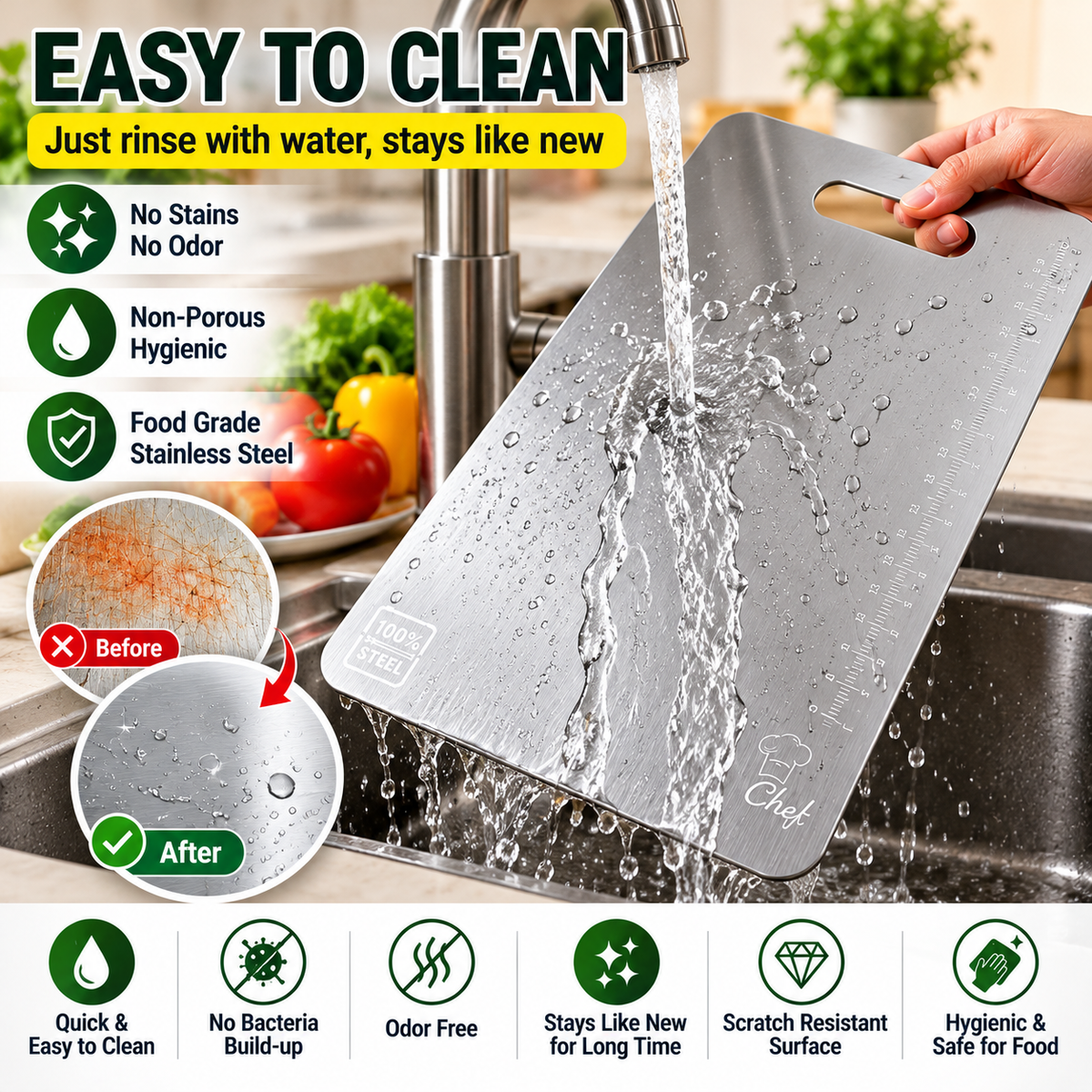 Large Stainless Steel Cutting Board with Measurement Scale – 31 × 20.5 cm