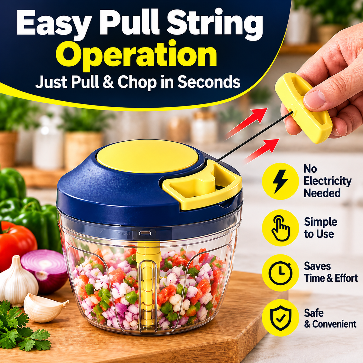650ml Manual Vegetable Chopper with 4 Blades – Pull String Food Chopper