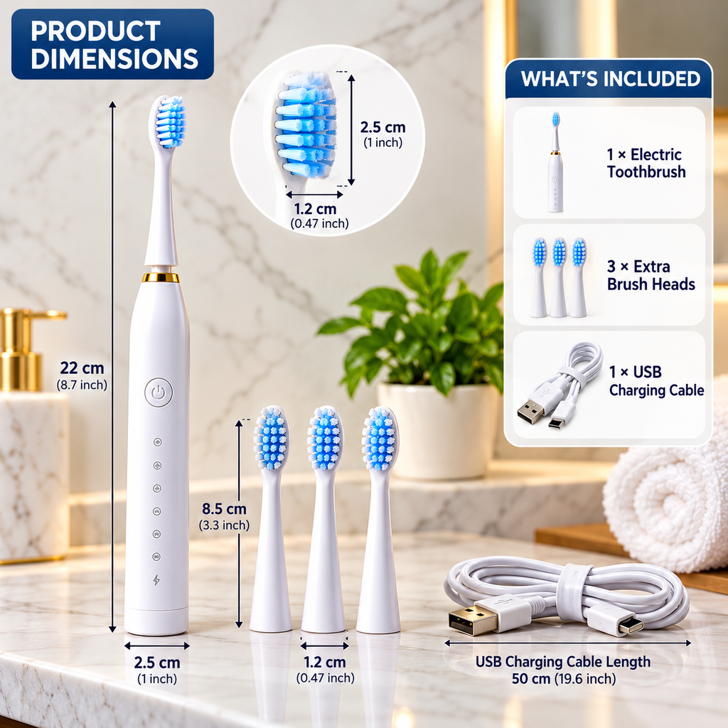 Rechargeable Electric Toothbrush with 3 Extra Brush Heads – USB Charging