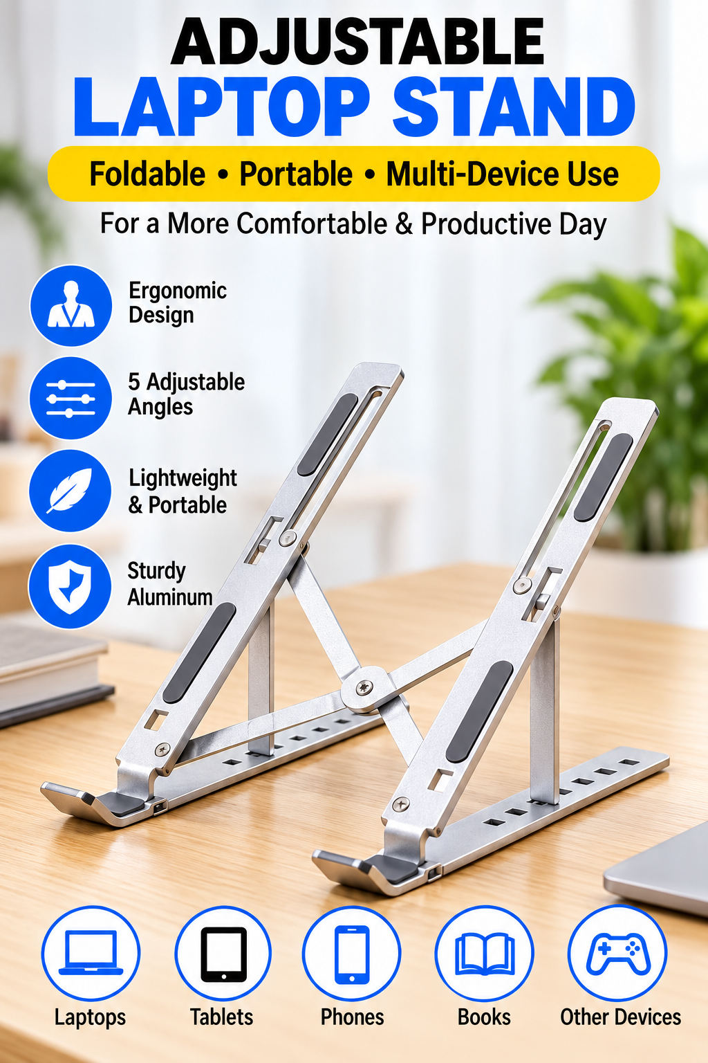 Adjustable Aluminum Laptop Stand – Foldable Computer & Tablet Holder