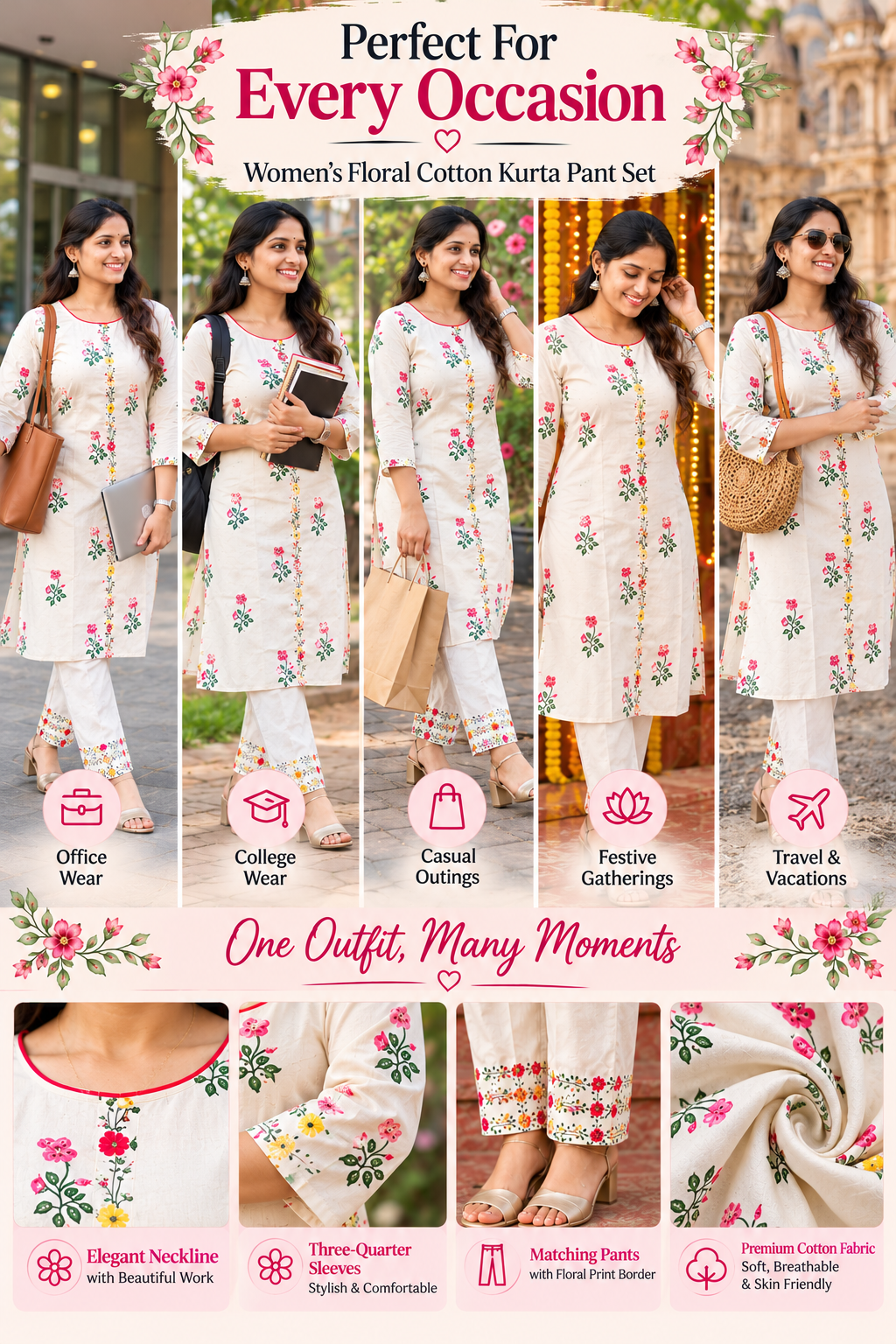 Women's Floral Cotton Kurta Pant Set | XS–3XL