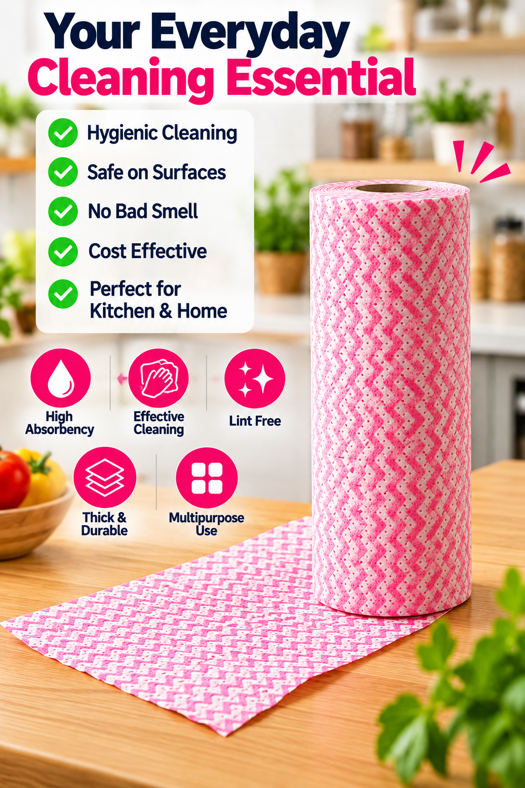 Multipurpose Disposable Kitchen Cleaning Cloth Roll – Absorbent Surface Wipes | 1 Roll