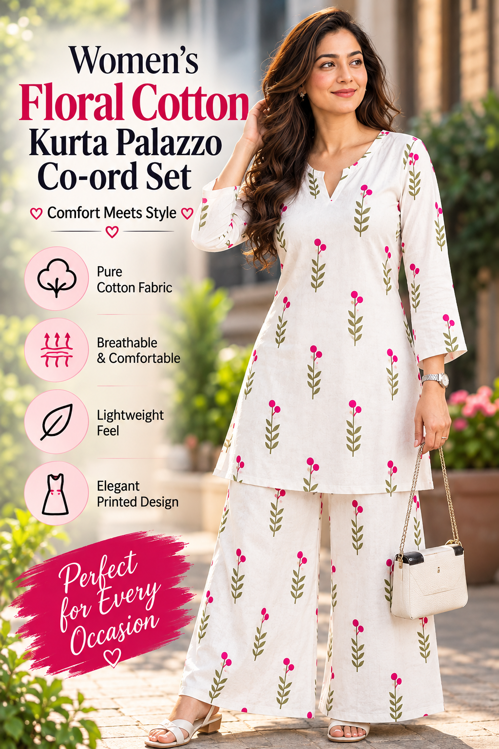 Women's Floral Cotton Kurta Palazzo Co-ord Set