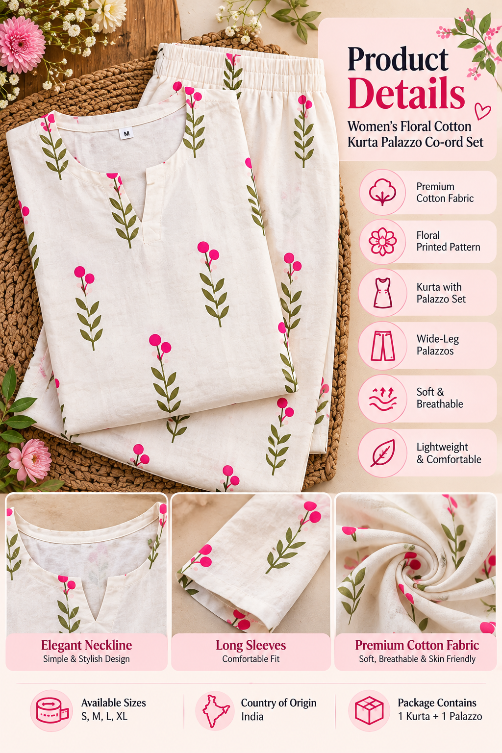 Women's Floral Cotton Kurta Palazzo Co-ord Set