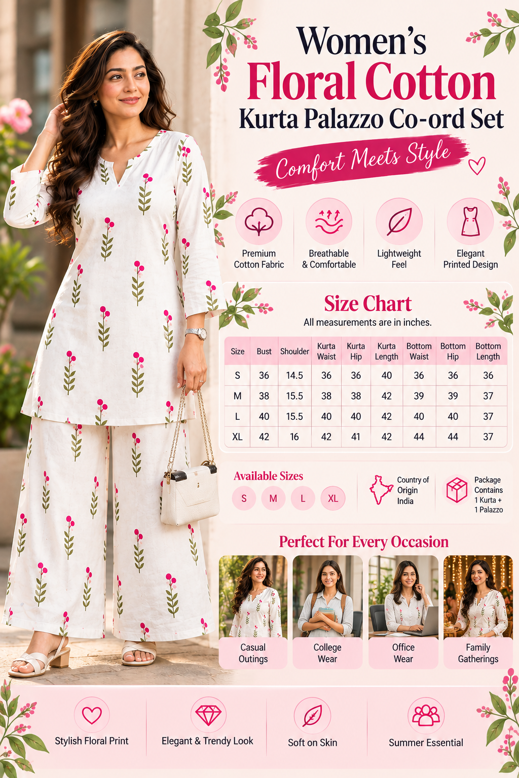 Women's Floral Cotton Kurta Palazzo Co-ord Set