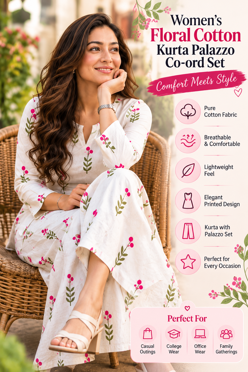 Women's Floral Cotton Kurta Palazzo Co-ord Set