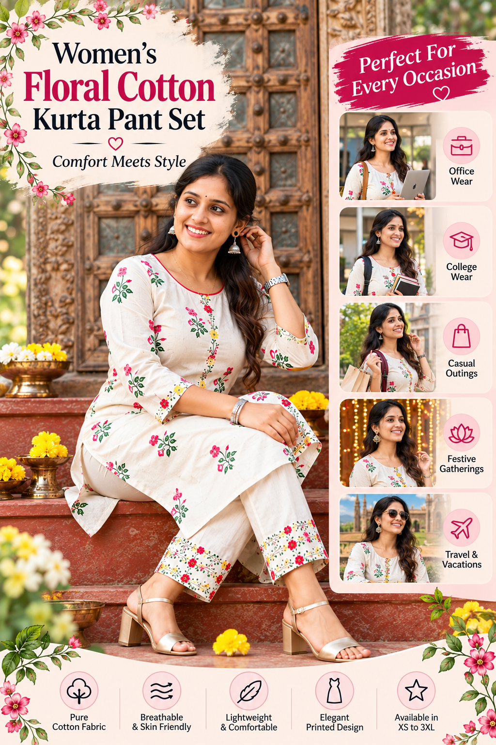 Women's Floral Cotton Kurta Pant Set | XS–3XL
