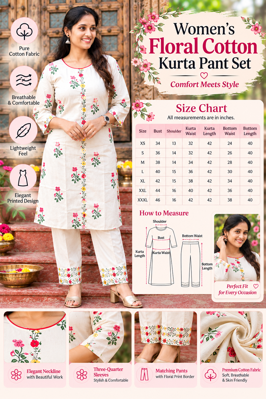 Women's Floral Cotton Kurta Pant Set | XS–3XL
