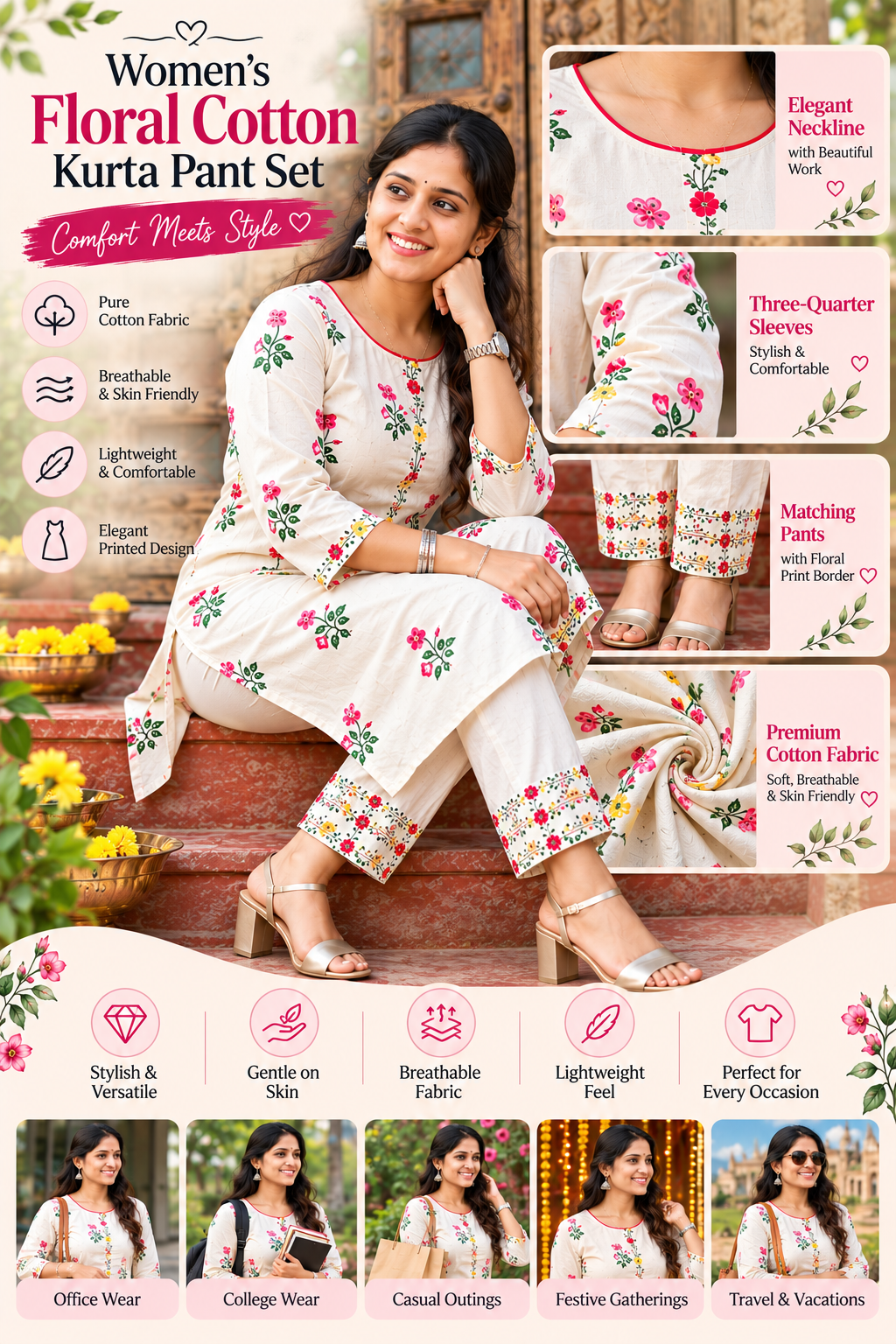 Women's Floral Cotton Kurta Pant Set | XS–3XL