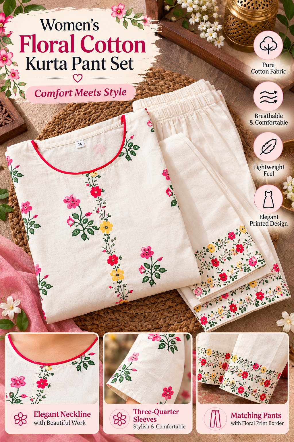 Women's Floral Cotton Kurta Pant Set | XS–3XL