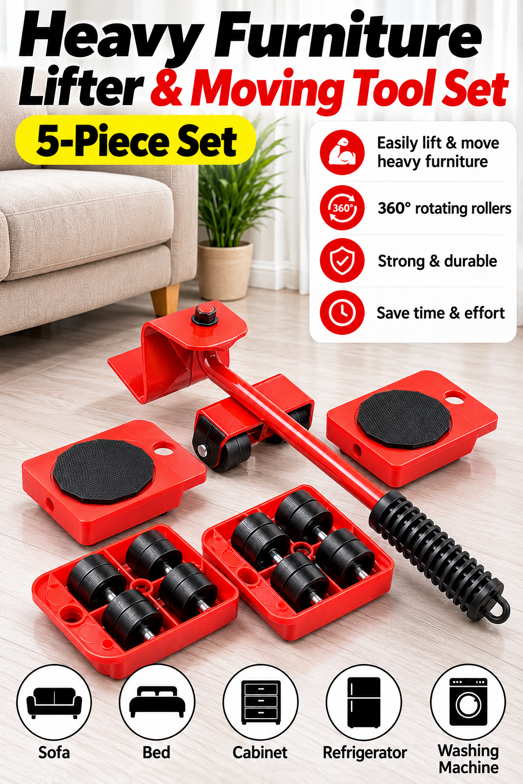 Heavy Furniture Lifter & Moving Tool Set – 5-Piece 360° Rotating Furniture Rollers
