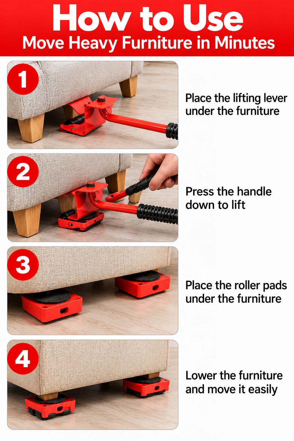 Heavy Furniture Lifter & Moving Tool Set – 5-Piece 360° Rotating Furniture Rollers