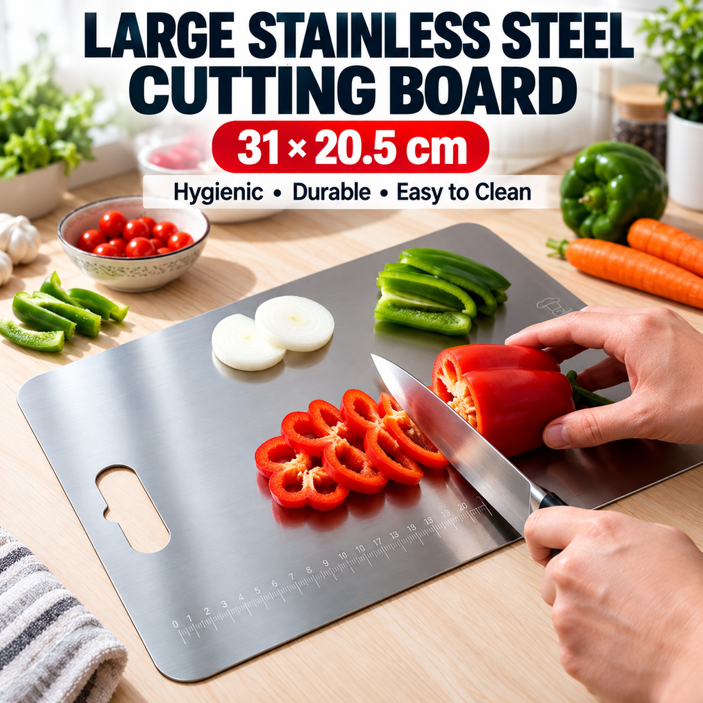 Large Stainless Steel Cutting Board with Measurement Scale – 31 × 20.5 cm