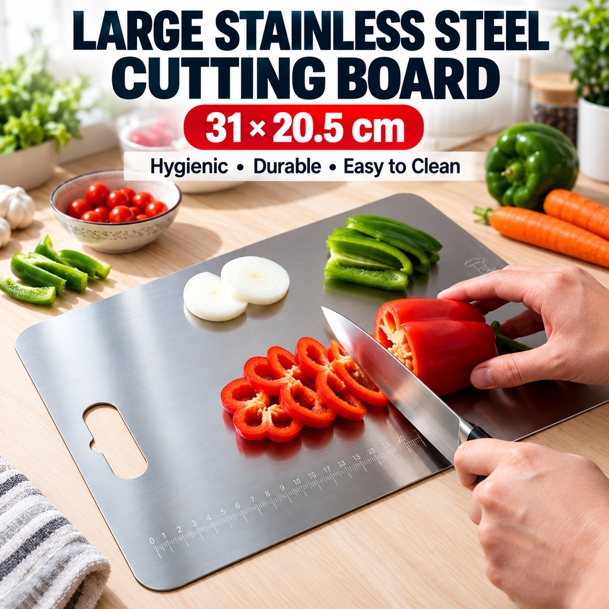 Large Stainless Steel Cutting Board with Measurement Scale – 31 × 20.5 cm