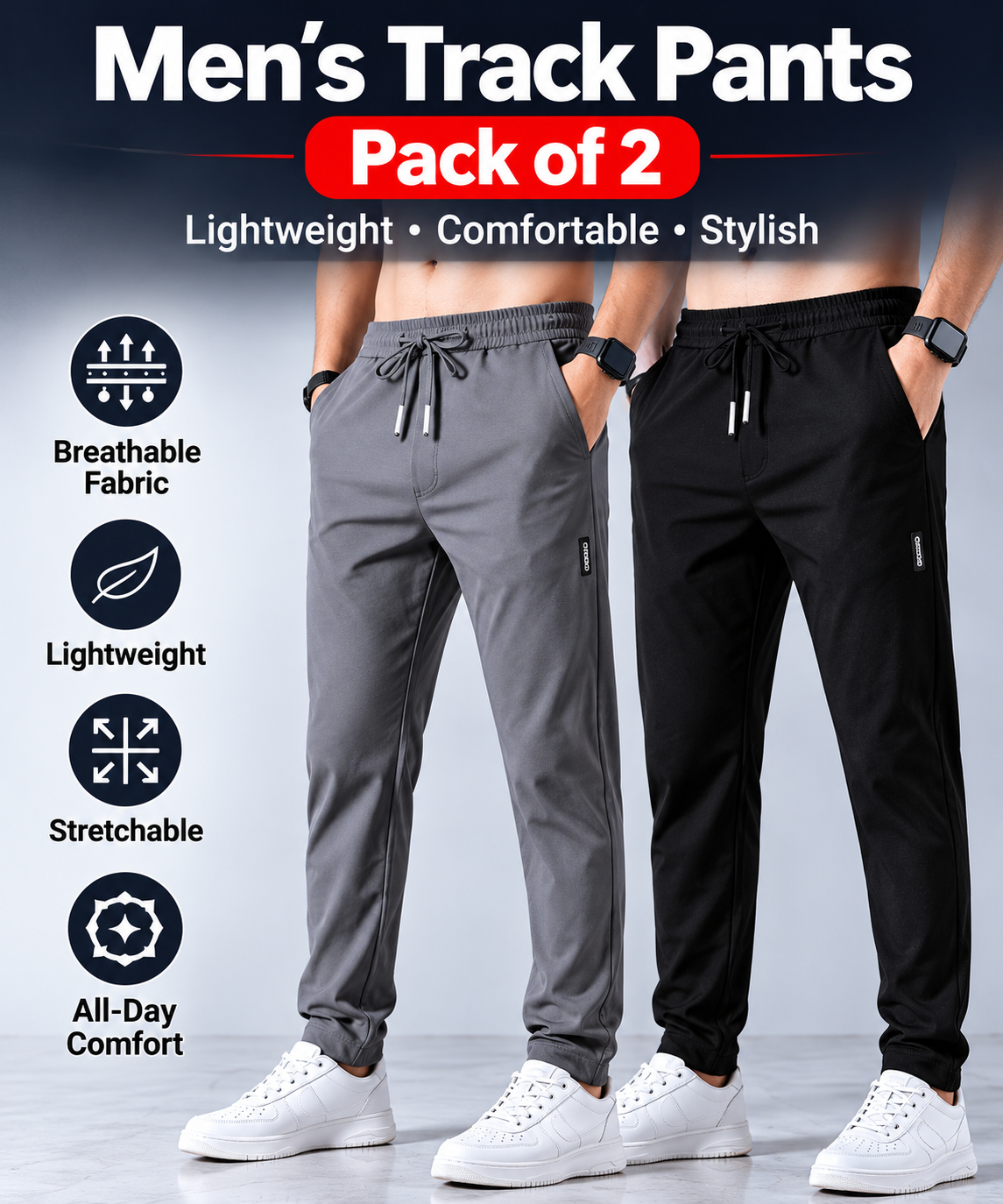 Men's Track Pants Pack of 2 – Lightweight Jogger-Style Sports Pants