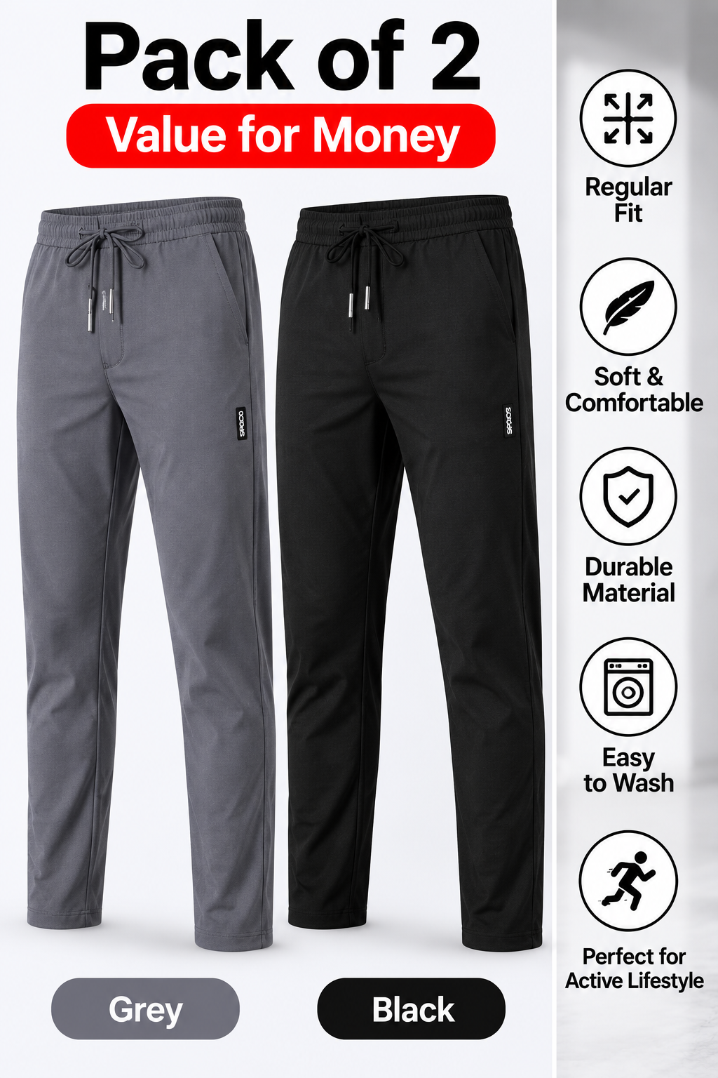 Men's Track Pants Pack of 2 – Lightweight Jogger-Style Sports Pants