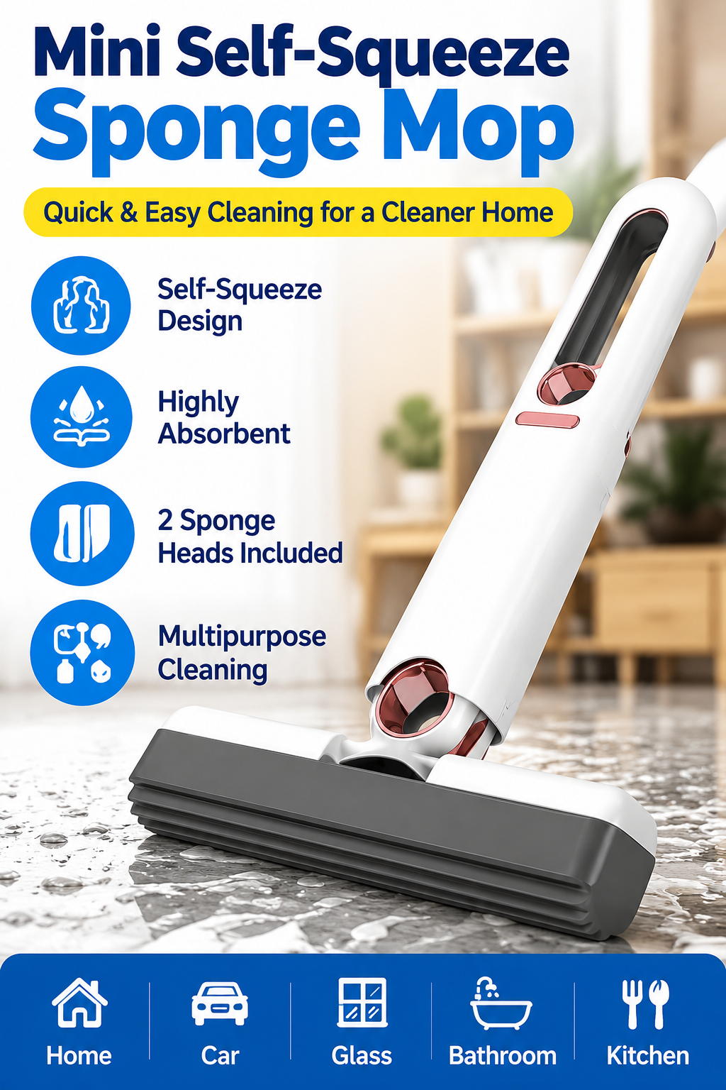Mini Self-Squeeze Sponge Mop with 2 Sponge Heads – Kitchen, Glass & Car Cleaning