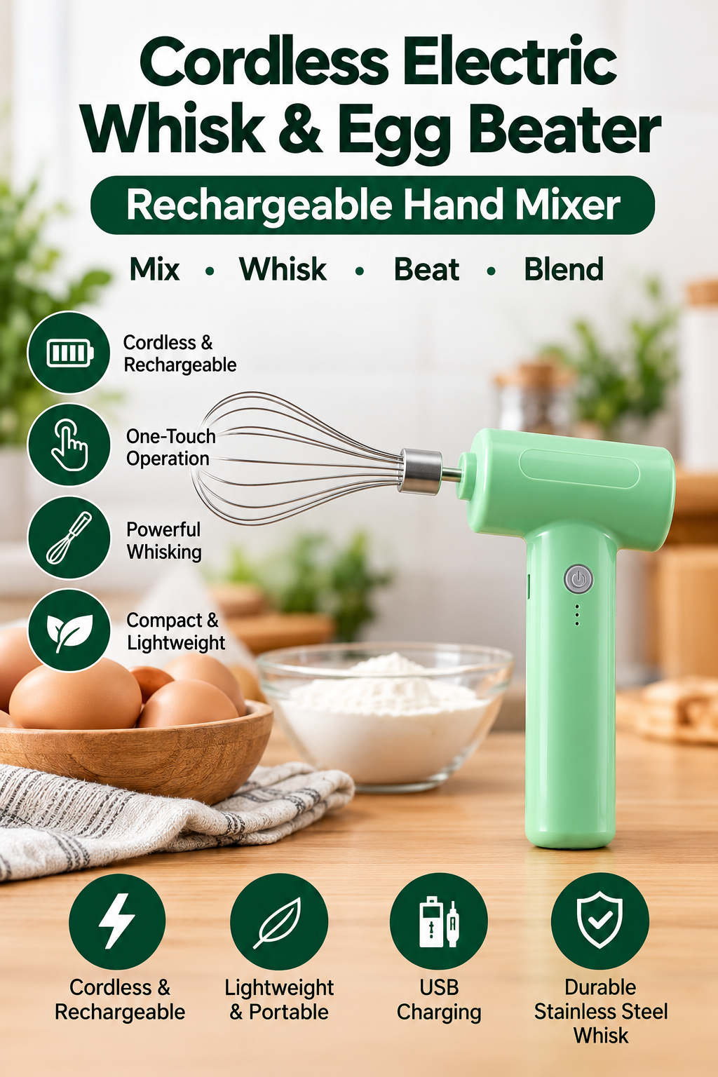 Cordless Electric Whisk & Egg Beater – Rechargeable Hand Mixer