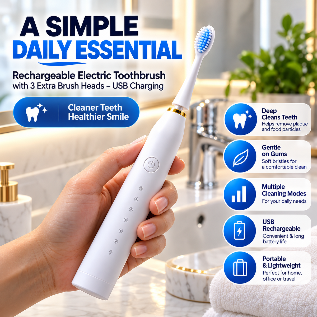 Rechargeable Electric Toothbrush with 3 Extra Brush Heads – USB Charging
