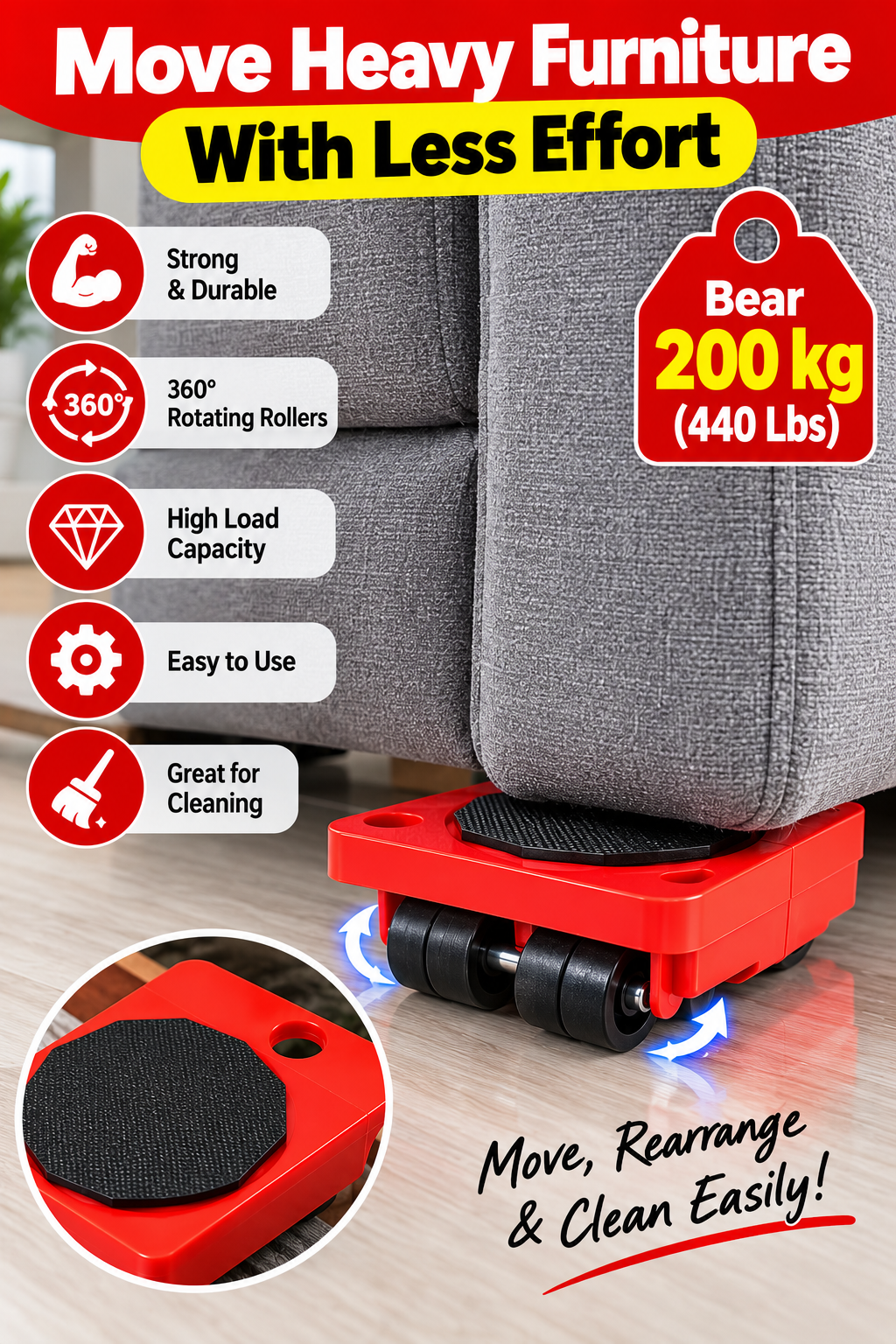 Heavy Furniture Lifter & Moving Tool Set – 5-Piece 360° Rotating Furniture Rollers
