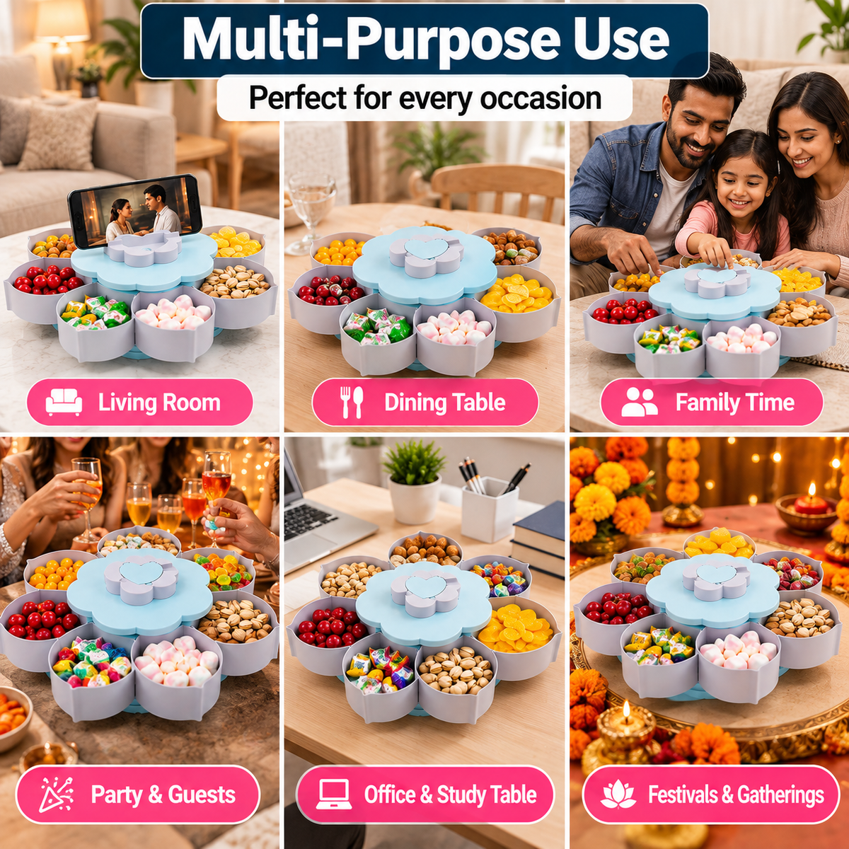 Rotating Flower Snack Serving Tray with Phone Holder – Multi-Section Candy & Dry Fruit Dish